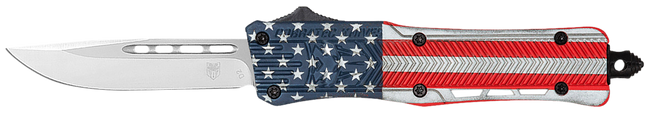 CobraTec Knives SUSACTK1SDNS CTK-1 American Flag Small 2.75" OTF Drop Point Plain D2 Steel Blade, 4.25" Red/White/Blue Flag Cerakote Aluminum Alloy Handle