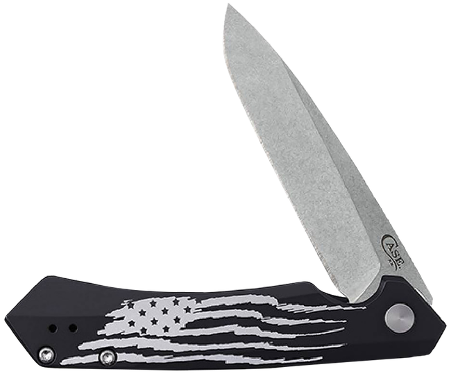 Case 10857 Kinzua  Folding Spear Point Plain Stonewashed S35VN SS Blade, Black Anodized w/US Flag Aluminum Handle
