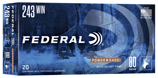 Federal Power-Shok Rifle Ammo 243 Win 80 gr. Jacketed Soft Point 20 rd.