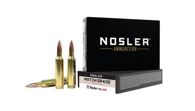 Nosler, Match Grade, 22 Nosler, Hollow Point Boat Tail, 77 Grain, 20 Rounds