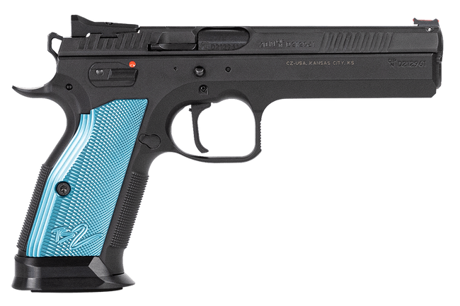 CZ-USA 91222 TS 2  40 S&W 17+1 5.28" Black Steel Barrel, Black Serrated Steel Slide, Black Polycoat Steel Frame w/Beavertail, Blue Checkered Aluminum Grip, Ambidextrous