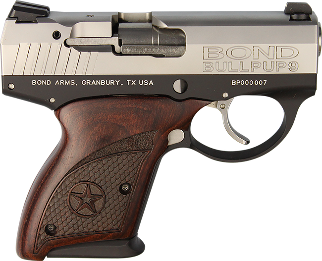 Bond Arms BABP BullPup9  Micro-Compact Frame 9mm Luger 7+1, 3.35" Stainless Steel Barrel, Stainless Serrated Steel Slide, Black Aluminum Frame, Engraved Rosewood Grips