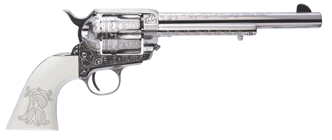 Cimarron Teddy Roosevelt Frontier 45 Colt 7.5 inch 6 Shot Nickel Plated Engraved White Grip Laser Engraved Tr