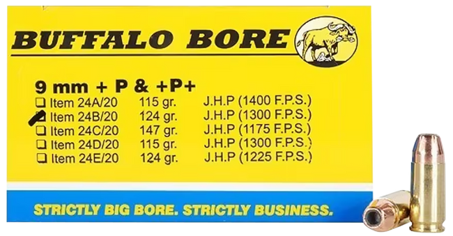 Buffalo Bore Ammunition 24B20 Personal Defense Strictly Business 9mmLuger +P+ 124gr Jacket Hollow Point 20 Rounds