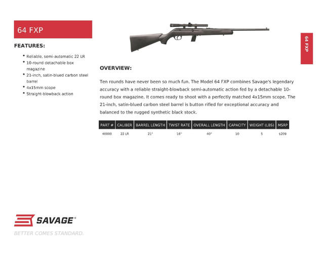 Savage 64 FXP Rifle 22 LR Black Synthetic 21 in. RH W/Scope - 40000 - 062654400001