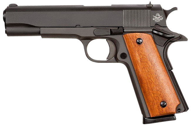 Rock Island 51421MA GI Standard FS *MA Compliant 45 ACP Caliber with 5" Barrel, 8+1 Capacity, Overall Black Parkerized Finish Steel, Beavertail Frame, Serrated Slide & Wood Grip