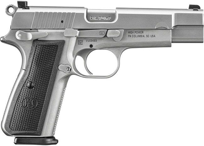 FN 66101116 High Power  9mm Luger 10+1 4.70" Black Target Crown Steel Barrel, Stainless PVD Serrated Steel Slide, Matte Stainless Steel Frame w/Beavertail, Black Textured Polymer Grip, Ambidextrous - 66101116 - 845737014384