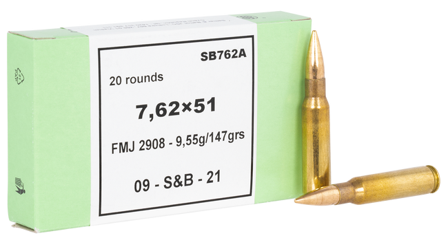 Sellier & Bellot SB76251 Rifle  7.62x51mmNATO 147gr Full Metal Jacket 20 Rounds