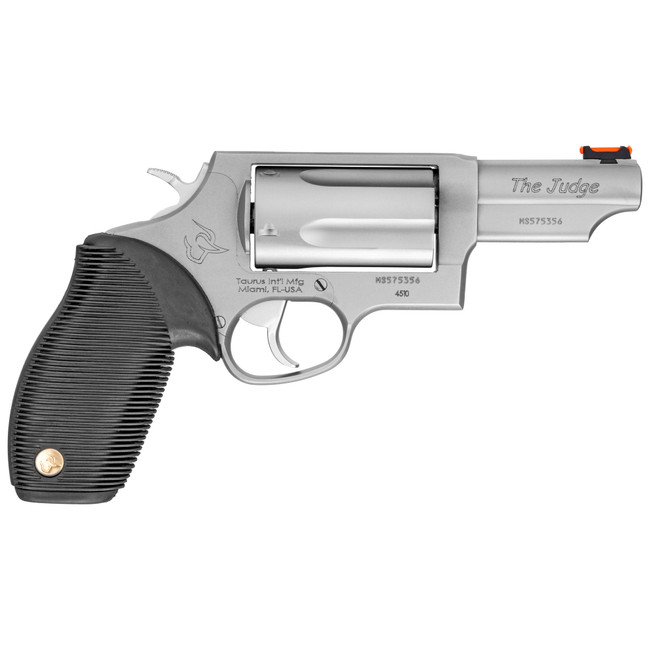 Taurus Judge Revolver - Stainless Steel | 45 Colt / 410 ga | 3" Barrel | 5rd | Rubber Grip | Fiber Optic Sight - 2-441039T - 725327602125