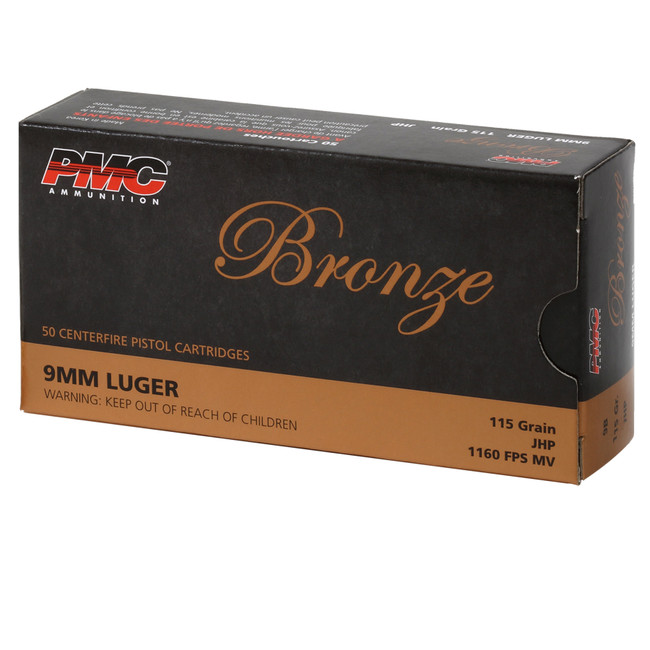 PMC Bronze 9mm Luger Handgun Ammo - 115 Grain | JHP | 50rd Box - 9B - 741569050708