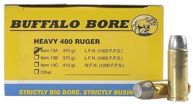Buffalo Bore Ammunition 13A20 Heavy Strictly Business 480Ruger 370gr Lead Flat Nose 20 Rounds