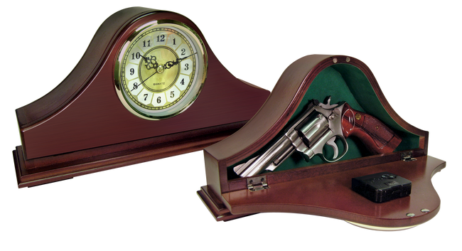 Peace Keeper MGC Mantle Gun Clock  Front Panel Entry Mahogany Stain Wood Holds 1 Handgun 14.62" L x 7.37" H x 3.75" D