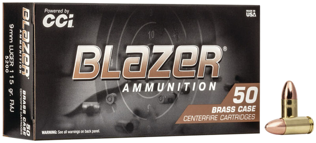 CCI Blazer Brass Pistol Ammo 9mm Luger 115 gr. FMJ Round Nose 50 rd.
