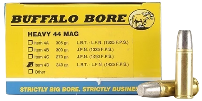 Buffalo Bore Ammunition 4D20 Heavy Strictly Business 44Rem Mag +P+ 340gr Lead Flat Nose 20 Rounds