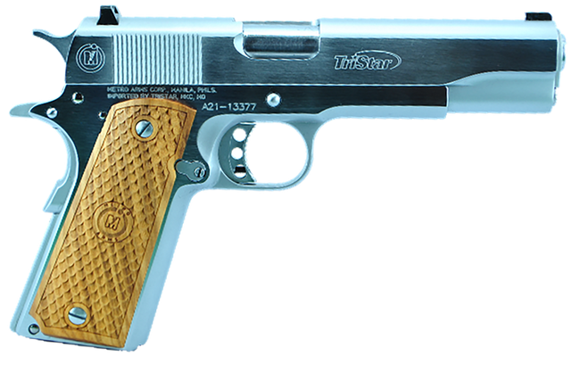 TriStar 85605 American Classic Government 1911 9mm Luger 10+1 5" Stainless Steel Barrel, Chrome Serrated Steel Slide, Chrome Steel Frame w/Beavertail, Wood Grip