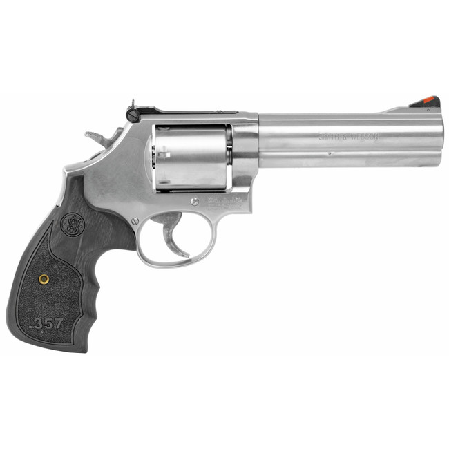 Smith & Wesson 150854 Model 686 Plus 38 S&W Spl +P, 357 Mag 7rd 5" Stainless Steel Barrel & Cylinder Satin Stainless Steel Frame with Black & Silver Custom Wood Grip & Red Ramp Front Sight - 150854 - 022188145144