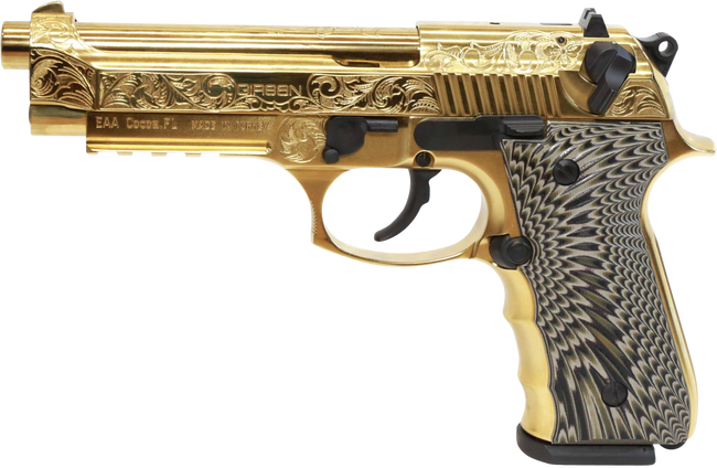 EAA GIRSAN 390088 Regard MC Deluxe 9mm Luger 18+1, 4.90" Stainless Steel Barrel, Gold Plated Serrated w/Engraving Steel Slide & Aluminum Frame w/Picatinny Rail, Black G10 Grip, Ambidextrous