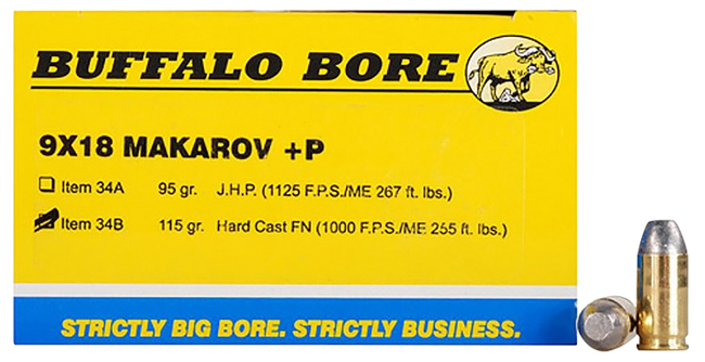 Buffalo Bore Ammunition 34B20 Personal Defense Strictly Business 9x18Makarov +P 115gr Hard Cast Flat Nose 20 Rounds