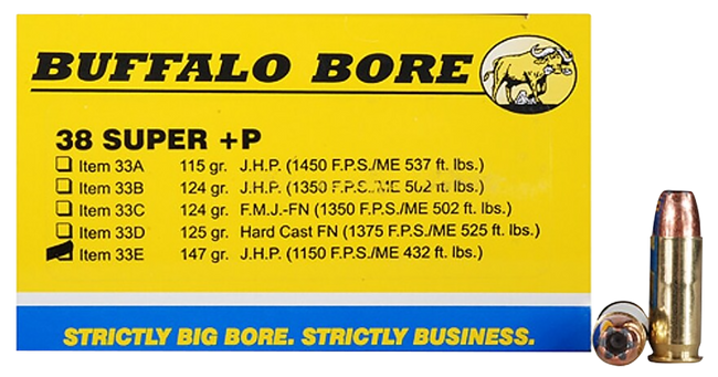 Buffalo Bore Ammunition 33E20 Personal Defense Strictly Business 38Super +P 147gr Jacket Hollow Point 20 Rounds