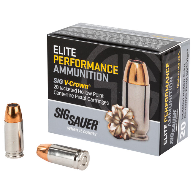 Sig Sauer, Elite Performance, 9mm Luger, V-Crown Jacketed Hollow Point, 124 Grain, 20 Rounds - E9MMA220 - 798681458202