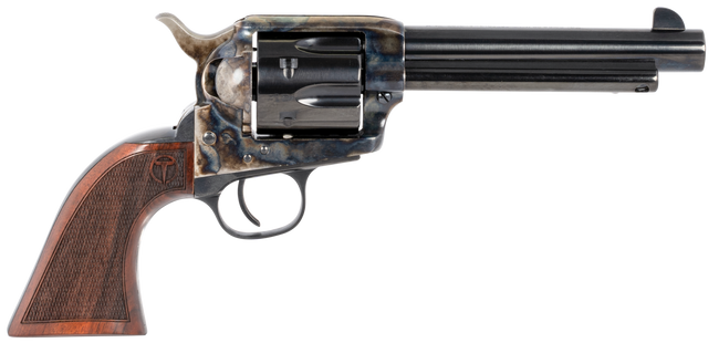 Taylors & Company 550813 Smoke Wagon  45 Colt (LC) Caliber with 5.50" Blued Finish Barrel, 6rd Capacity Blued Finish Cylinder, Color Case Hardened Finish Steel Frame & Checkered Walnut Grip