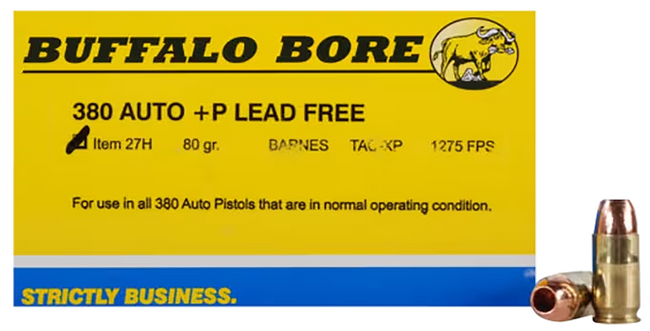 Buffalo Bore Ammunition 27H20 Buffalo-Barnes Strictly Business 380ACP +P 80gr Barnes TAC-XP Lead Free 20 Rounds