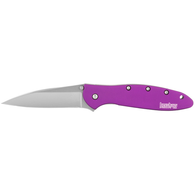 Kershaw 1660PUR Leek  3" Folding Drop Point Plain Bead Blasted 14C28N Steel Blade Purple Anodized Aluminum Handle Includes Pocket Clip - 1660PUR - 087171035093