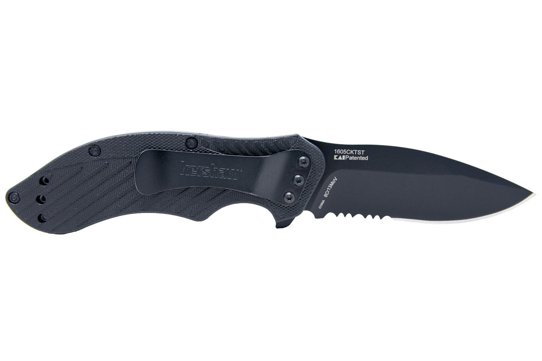 Kershaw 1605CKTST Clash  3.10" Folding Drop Point Part Serrated Black Oxide 8Cr13MoV SS Blade Black Glass-Filled Nylon Handle Includes Pocket Clip - 1605CKTST - 087171031491
