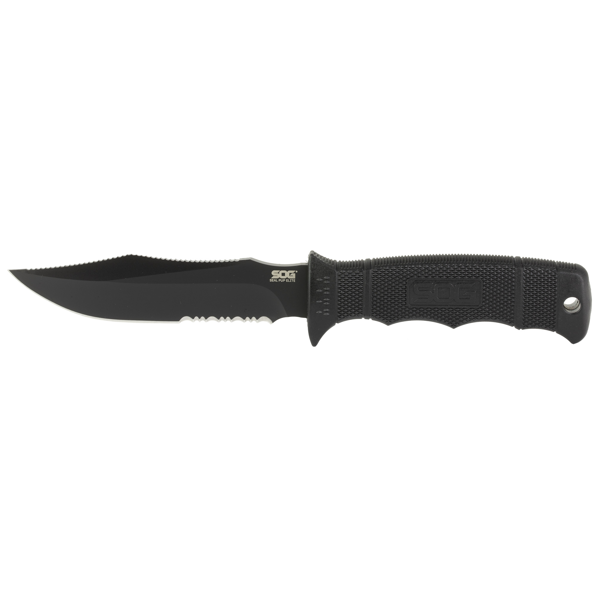 S.O.G SOGE37TK Seal Pup Elite 4.85" Fixed Clip Point Part Serrated Black Hardcased TiCN AUS-8A SS Blade/Black w/Grip Lines GRN Handle Includes Lanyard/Sheath - SOGE37TK - 729857991506