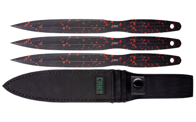 CRKT K930RKP Onion Throwing Knives 6.25" Fixed Spear Point Plain Non-Sharp Black/Red Spatter 1050 High Carbon  Includes Sheath 3 Blades - K930RKP - 794023995374
