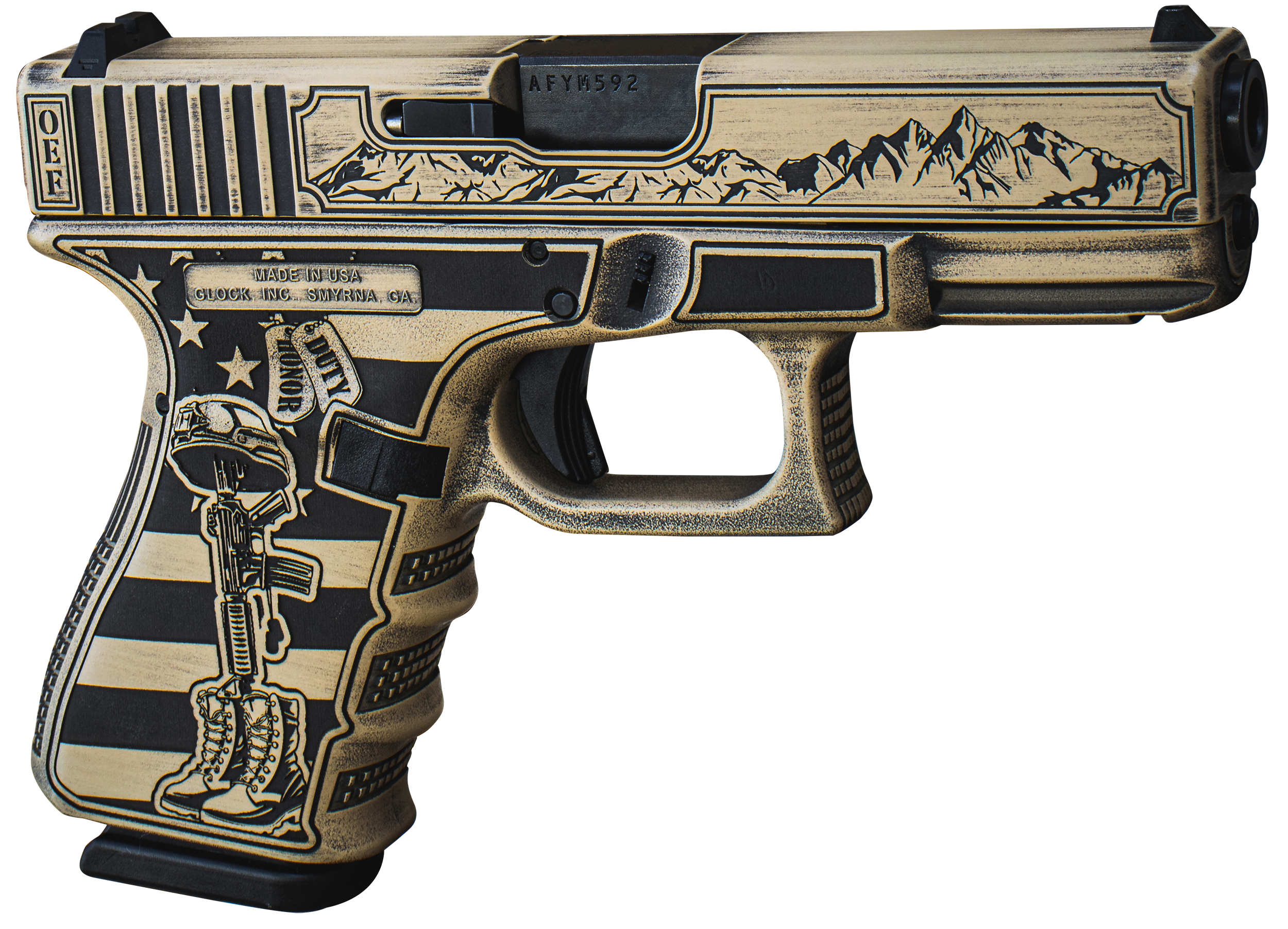 Glock G19 Gen 5 9mm Luger 4.02" 15+1 Tan Cerakote Engraved Grips