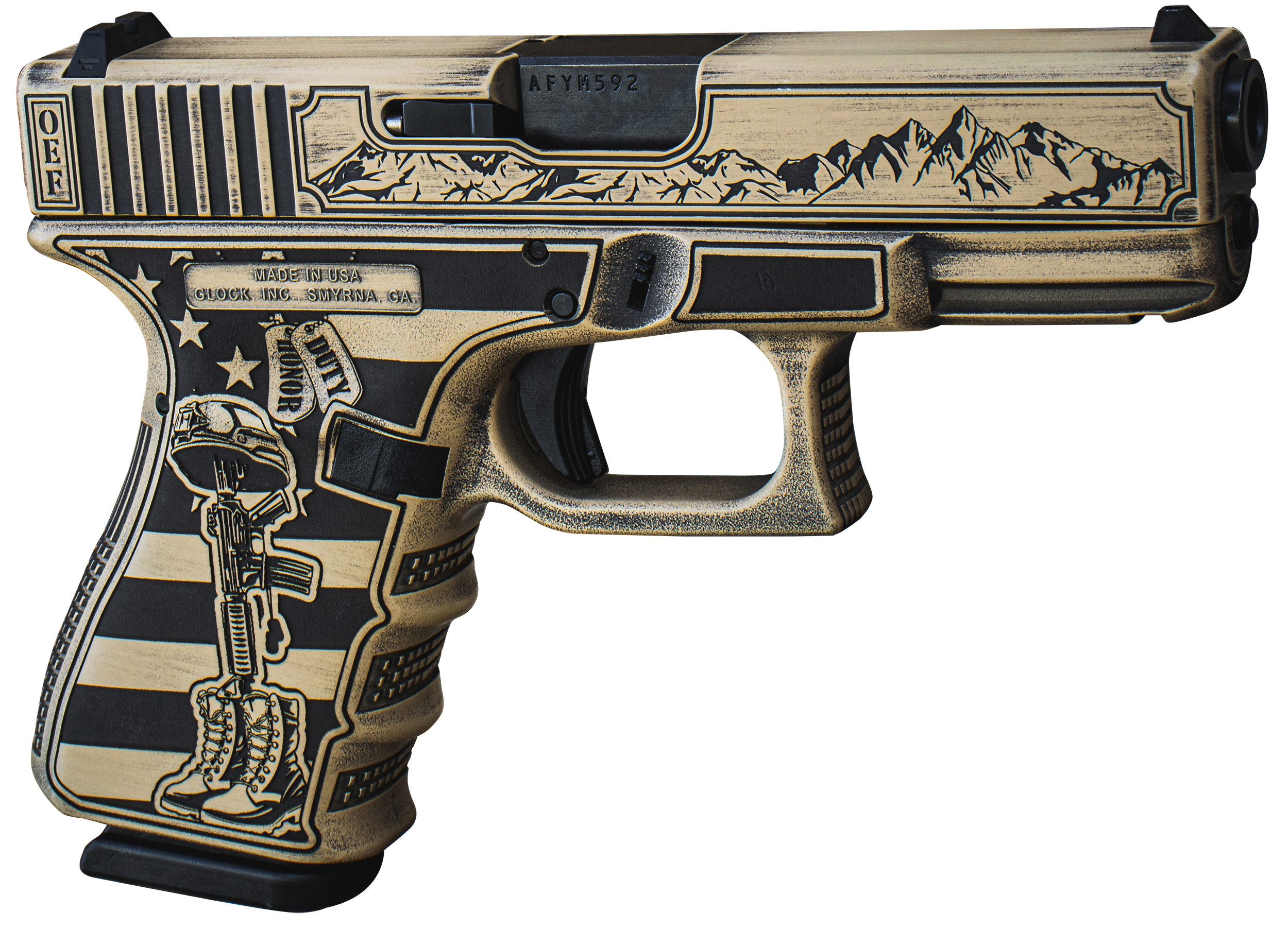 Glock G19 Gen 5 9mm Luger 4.02" 15+1 Tan Cerakote Engraved Grips