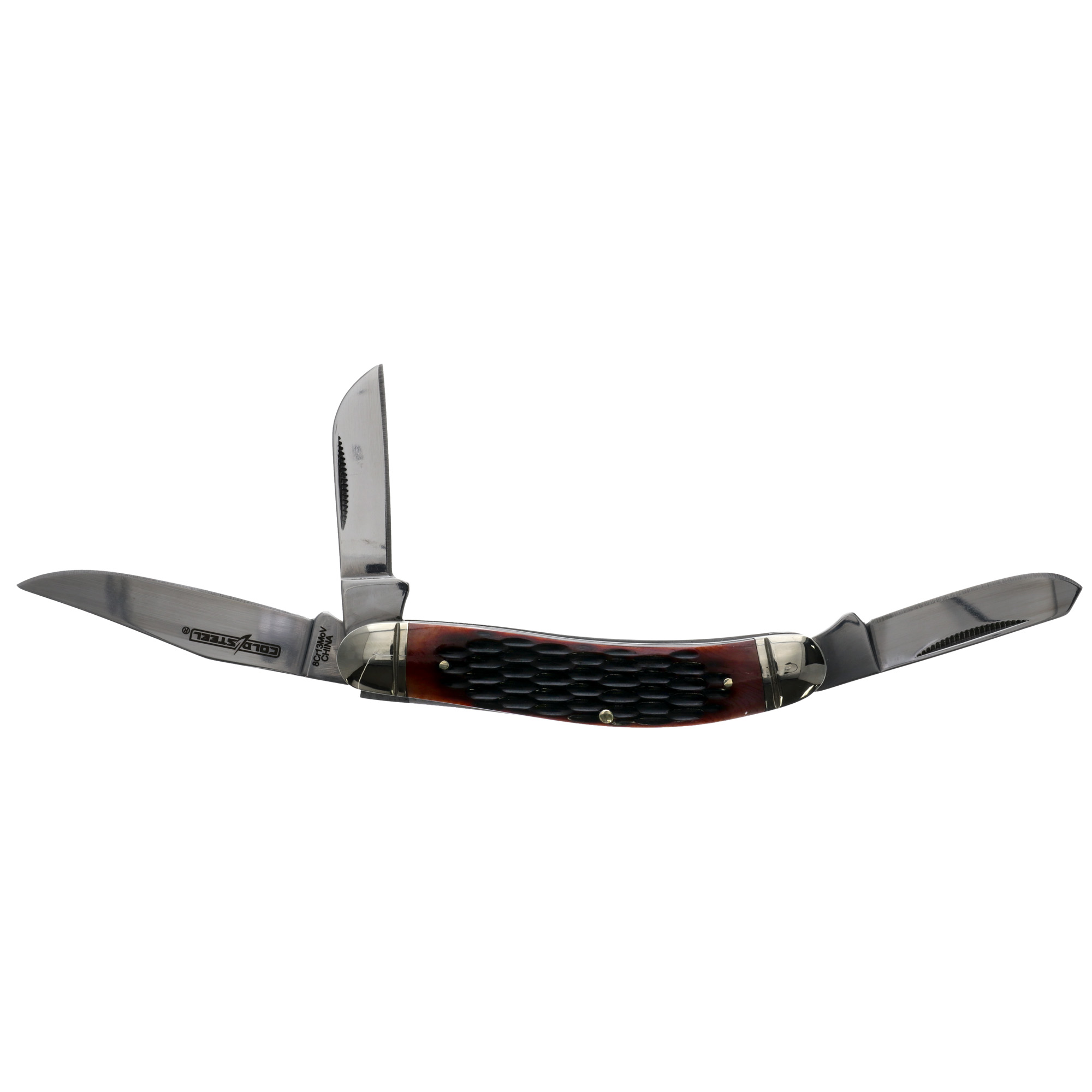 Cold Steel CSFLGSTKMJ Gentleman's Stockman 2"/2.10"/2.50" Folding Clip/Sheepsfoot/Spey Plain 8Cr13MoV SS Blade/Brown Jigged w/Polished Bolsters Bone Handle - CSFLGSTKMJ - 888151038680