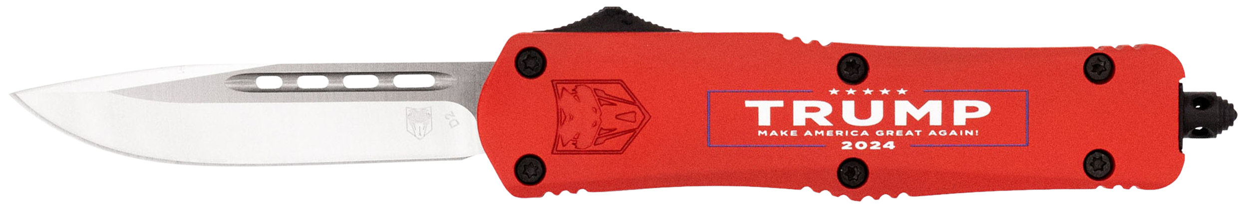 CobraTec Knives MTRP24REDDNS FS-3 Trump 2024 Medium OTF Drop Point Plain Satin D2 Steel Blade, 4.50" Red w/Trump, Make America Great Again Aluminum Cerakoted Handle