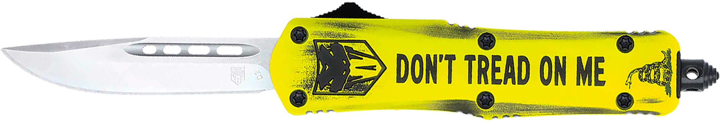 CobraTec Knives MDTOMFS3DNS FS-3 Don't Tread On Me Medium 3" OTF Drop Point Plain D2 Steel Blade Yellow w/"Don't Tread On Me" Aluminum Cerakoted Handle Features Glass Breaker Includes Pocket Clip - MDTOMFS3DNS - 099654039702