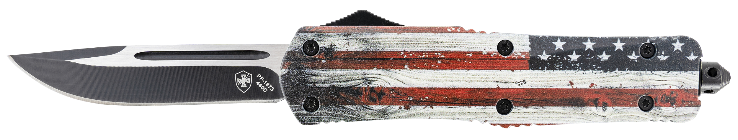 Templar Knife LWUS331 Wood US Flag Gen II Large 3.50" OTF Drop Point Plain US Flag Painted Wood Grain Aluminum Handle Features Glass Breaker/Pocket Clip