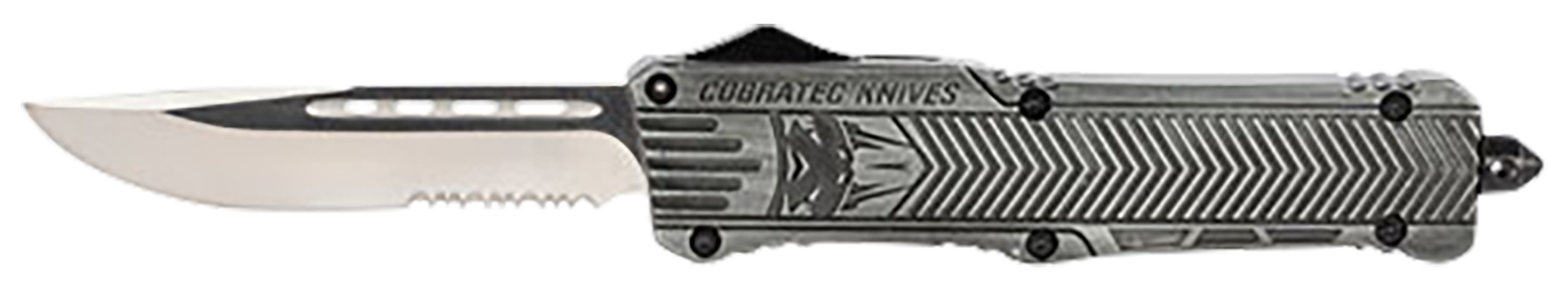 CobraTec Knives LSWCTK1LDS CTK-1  Large 3.75" OTF Drop Point Part Serrated D2 Steel Blade/ Stonewashed Aluminum Handle Features Glass Breaker Includes Pocket Clip