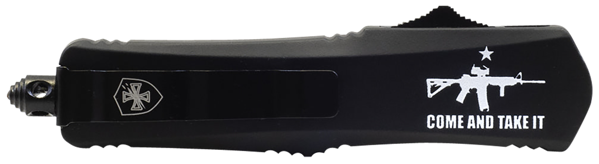 Templar Knife SAR15531 Come And Take It AR-15 Gen II Small 2.69" OTF Tanto Part Serrated Black 440C SS Blade, 4.31" Black w/"Come And Take It" AR-15 Gun Aluminum Handle, Includes Pocket Clip/Sheath