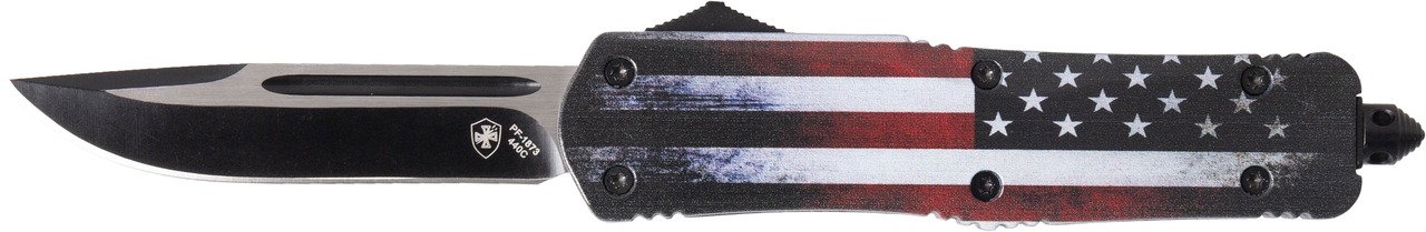 Templar Knife LUS331 US Flag Gen II Large 3.50" OTF Drop Point Plain Black Oxide Stonewashed 440C SS Blade/ 5.25" US Flag Aluminum Handle Features Glass Breaker Includes Pocket Clip/Sheath - LUS331 - 093674810259