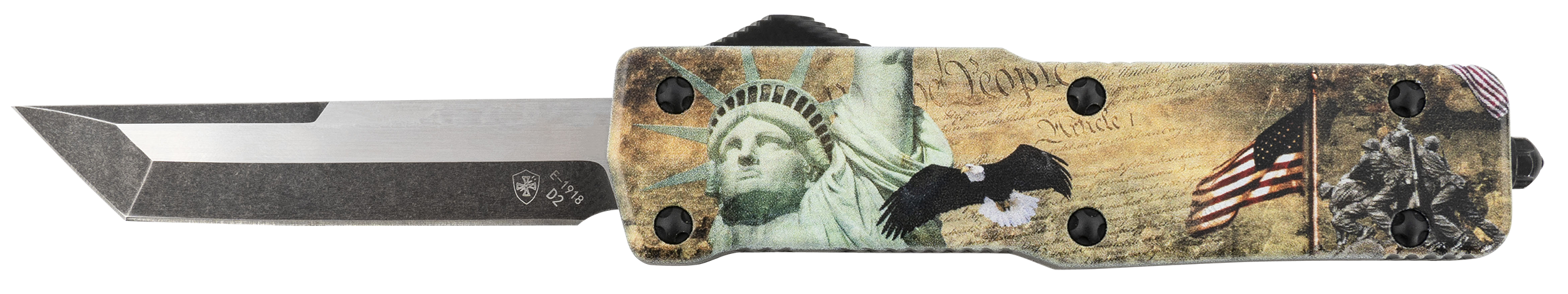 Templar Knife SZLIB221 Premium Weighted Small 3" OTF Tanto Plain Black Oxide Stonewashed Powdered D2 Steel Blade/ 4.50" Gold w/Statue of Liberty/Flag/Eagle Aluminum Zinc Alloy Handle