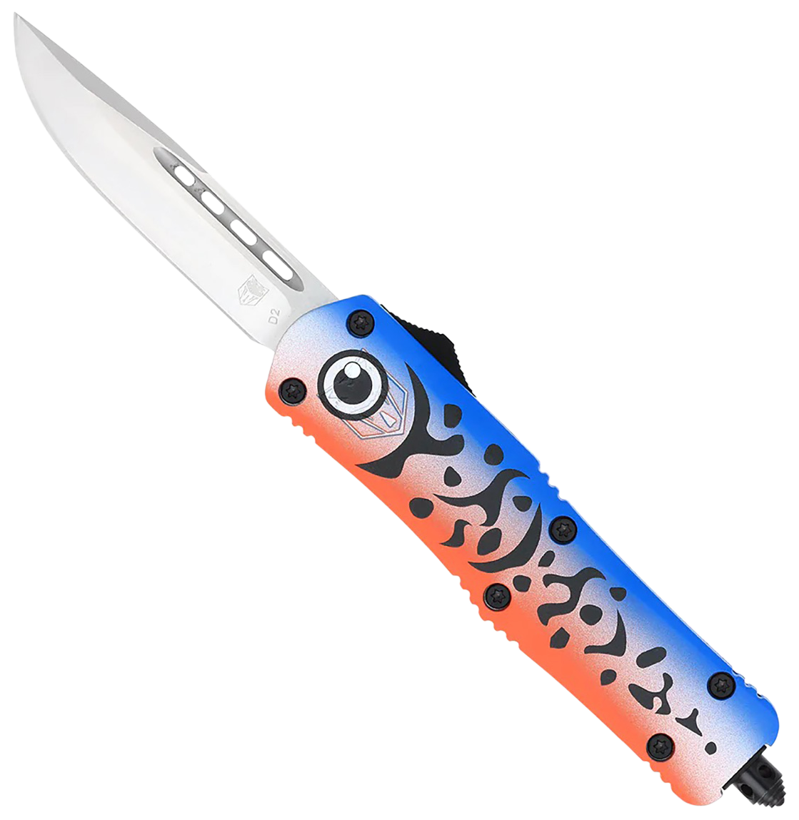 CobraTec Knives MFLBLUFS3DNS FS-3 Blue Lure Medium 3" OTF Drop Point Plain Satin D2 Steel Blade, 4.50" Blue Fishing Lure Aluminum Cerakoted Handle                                                      