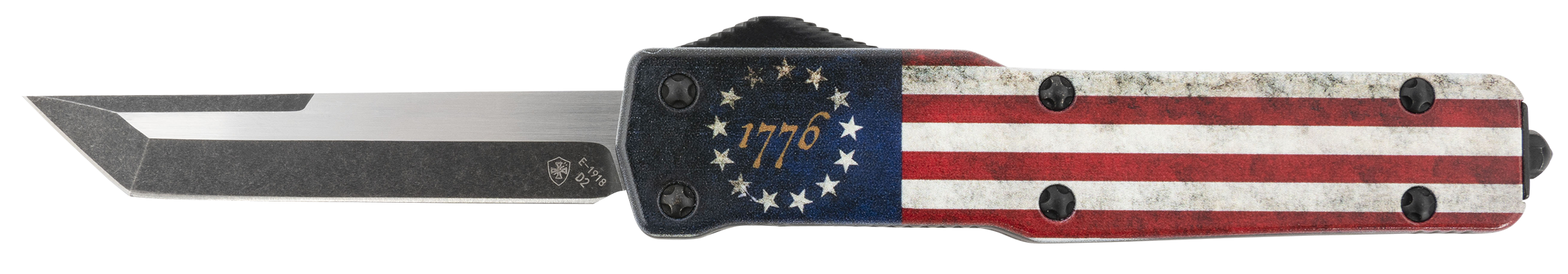 Templar Knife MZBRF221 Premium Weighted Slim 3.16" OTF Tanto Plain Black Oxide Stonewashed Powdered D2 Steel Blade/4.93" Betsy Ross Flag Aluminum Zinc Alloy Handle