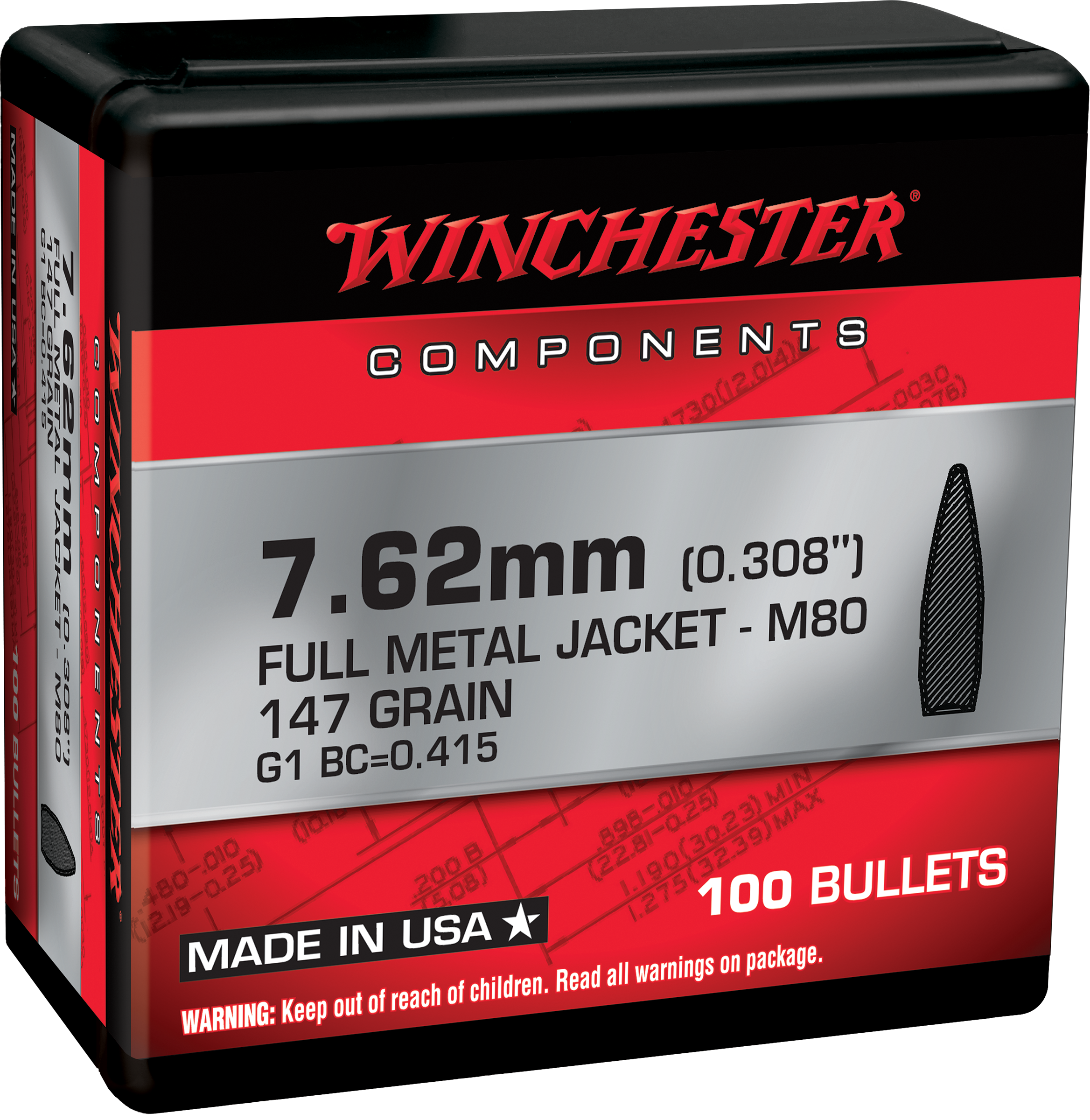 Winchester Ammo WB762147NX Centerfire Rifle  308Win 7.62x51mmNATO 147gr Full Metal Jacket 100 Per Box/10 Case