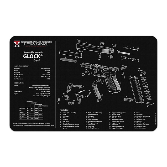 TekMat TEKR17GLOCKG4 Glock Gen4 Cleaning Mat Glock Gen4 Parts Diagram 11" x 17"
