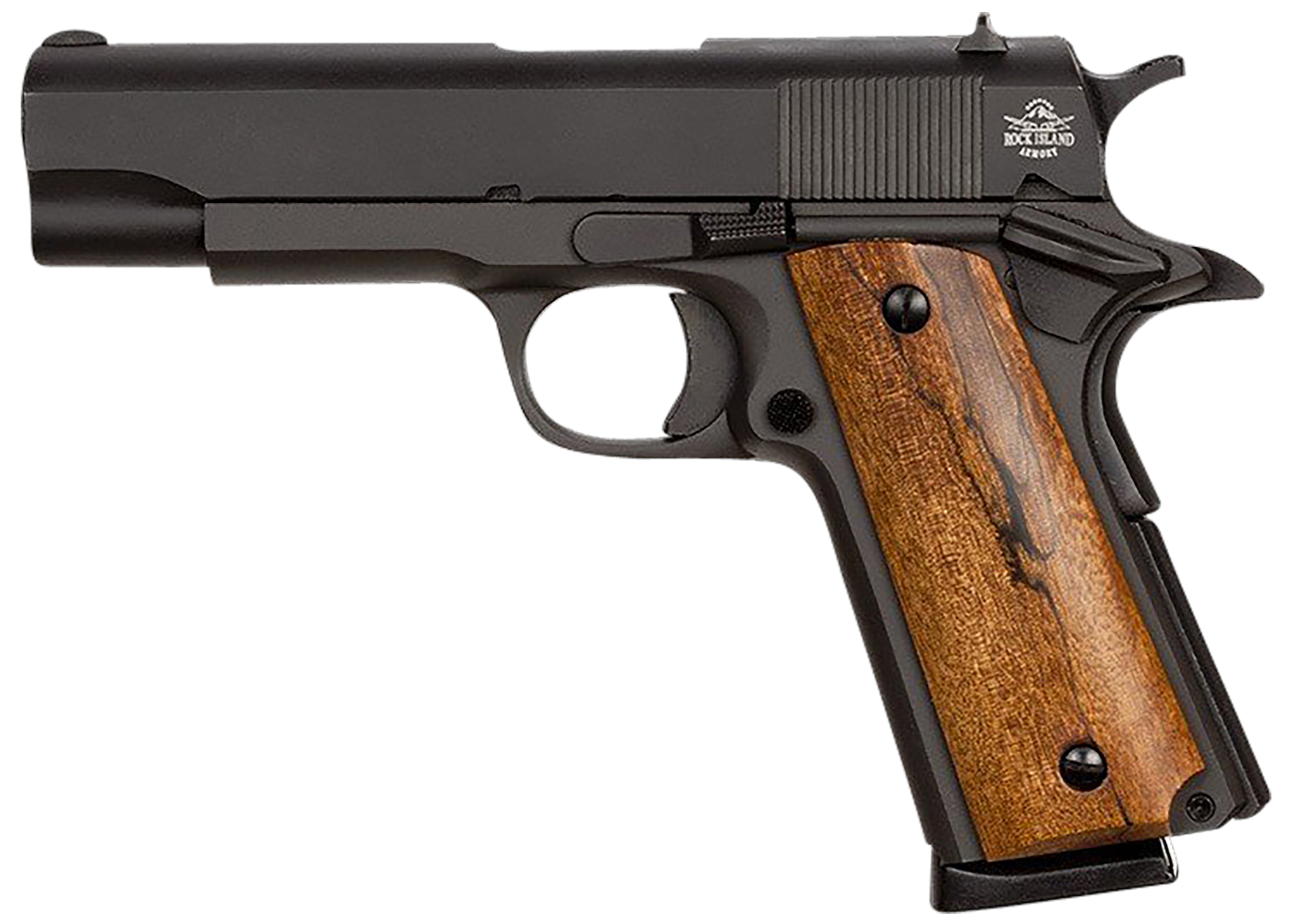 Rock Island 51417MA GI Standard MS *MA Compliant 45 ACP Caliber with 4.20" Barrel, 8+1 Capacity, Overall Black Parkerized Finish Steel, Beavertail Frame, Serrated Slide & Wood Grip