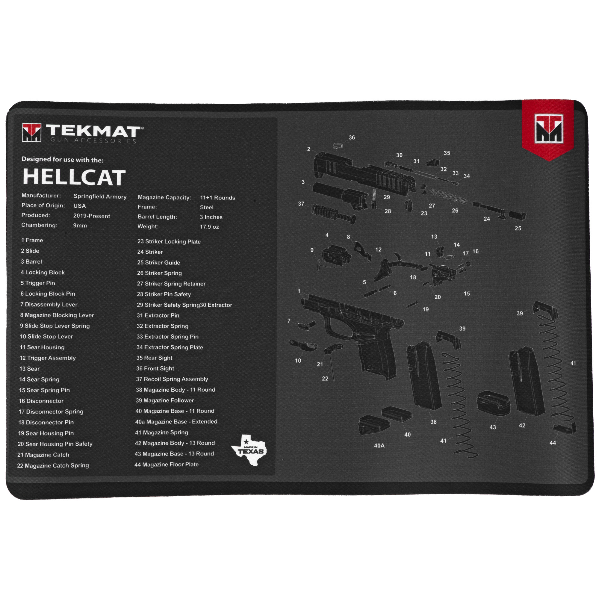 TekMat TEKR17HELLCAT Springfield Armory Hellcat Cleaning Mat Springfield Hellcat Parts Diagram 11" x 17"