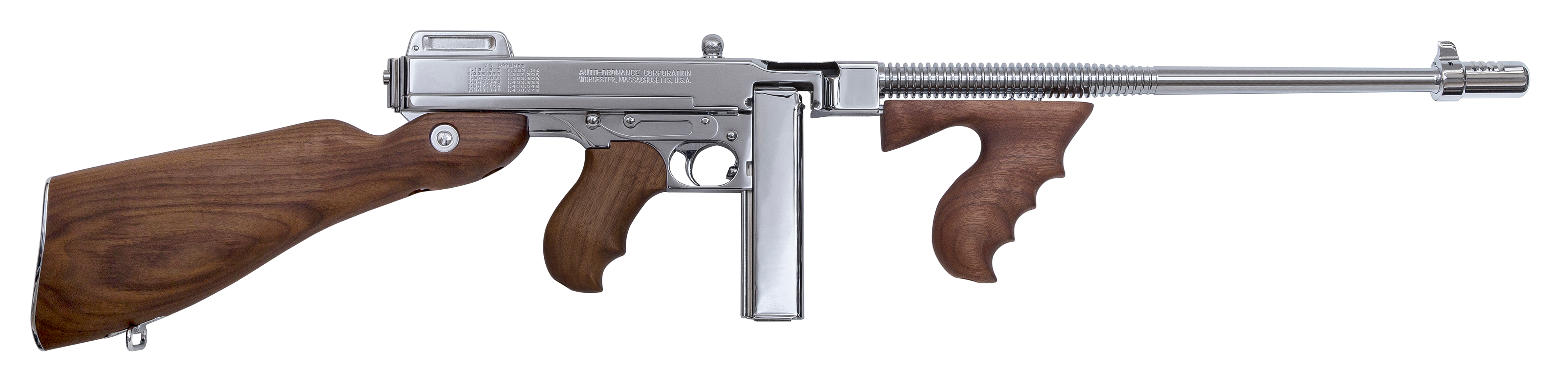 Thompson TI50DCR 1927A-1 Deluxe Carbine 45 ACP Caliber with 18" Barrel, 20+1 Capacity (Stick), 50+1 Capacity (Drum), Hard-Chrome Plated Metal Finish, American Walnut Stock Wood Grip