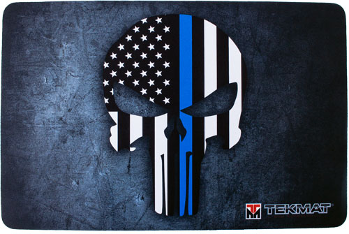 TekMat TEKR17PUNISHERBL Punisher Blue Line Cleaning Mat 17"x11" Black/White/Blue Thermoplastic Fiber Top w/Vulcanized Rubber Back/ Blue Line Punisher Skull Illustration