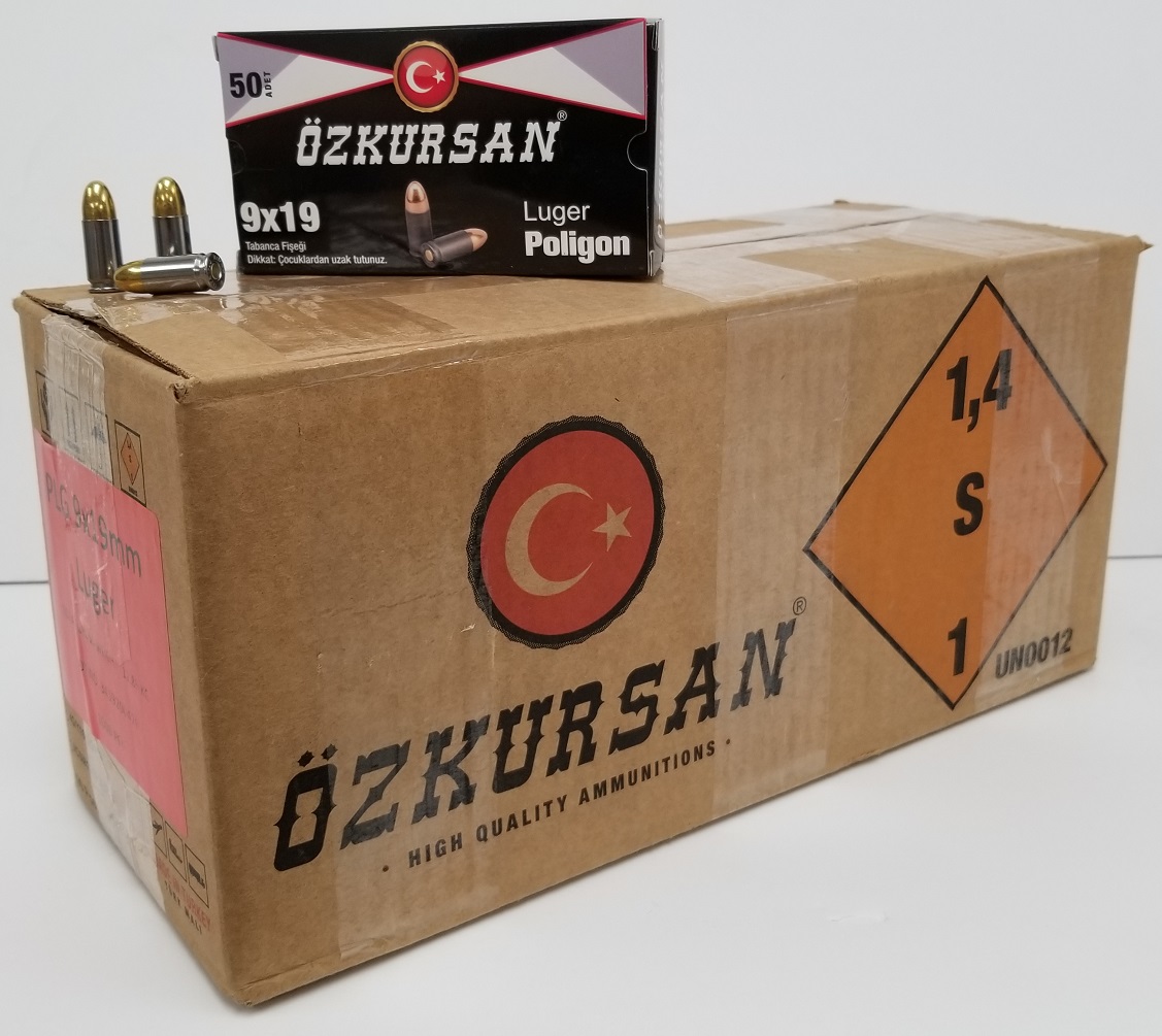 Ozkursan 9mm Handgun Ammo - 124 Grain | Steel Cased | FMJ | 1 Case (20 Boxes)