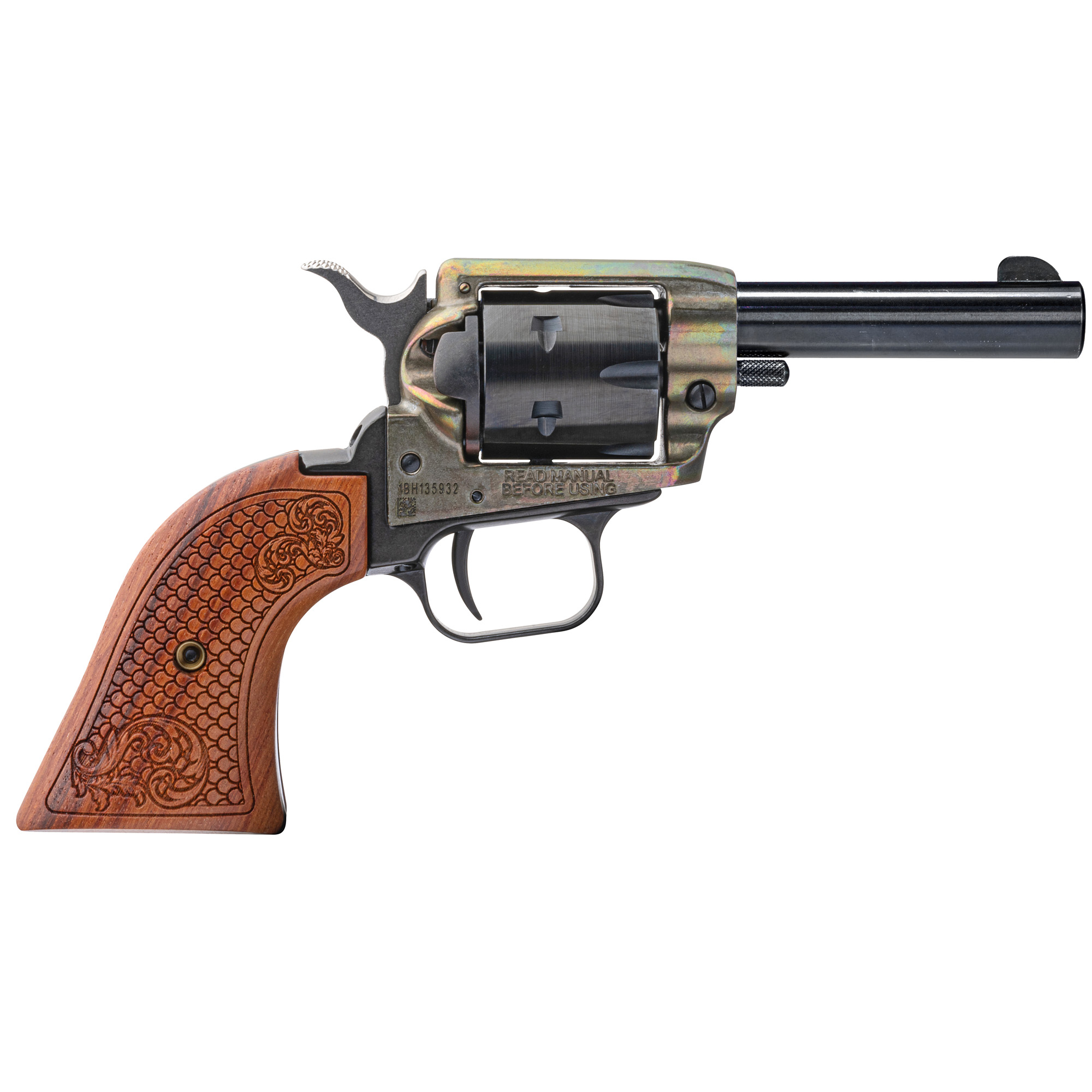 Heritage Barkeep Revolver - Simulated Case Hardened | .22 LR | 3.6" Barrel | 6rd | Custom Scroll Wood Grips - BK22CH3WBRN10 - 727962704684